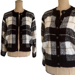 90s Vintage Christopher & Banks Black/White Plaid Button Up Knit Cardigan